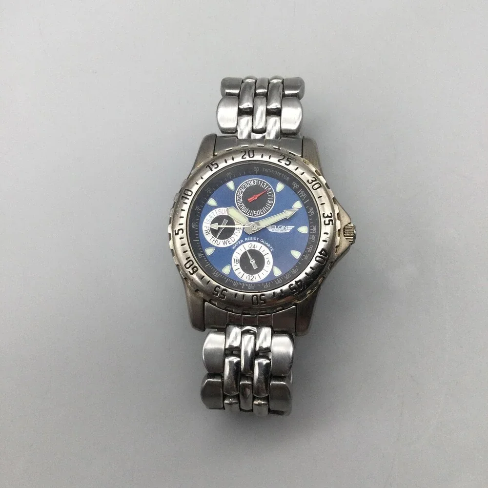 Elgin Sportsman FS39-040 Mens Watch 38mm Blue Dial SS Day Date New Battery 7
